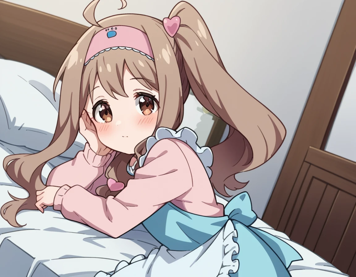 masterpiece,best quality,absurdres,1girl,(ZChan),white hat,long hair,[[brown hair|orange hair]],sidelocks,hair ribbon,brown eyes,(half-closed eyes:0.7),(pajamas),pillow hug,sitting,(tired),indoors,bedroom,<lora:ZChan:0.9>,<lora:Concept-control tool-add_detail-CyberAIchemist:1>,