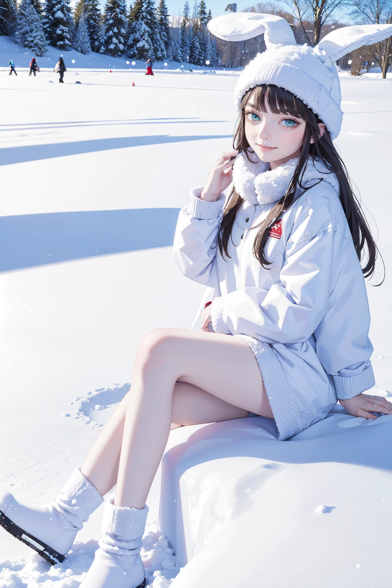 ((best quality, masterpiece, absurbres, super-resolution)) 1 girl, snow bunny, chilling, playing with snow, thick snow, crystal snow, snow field