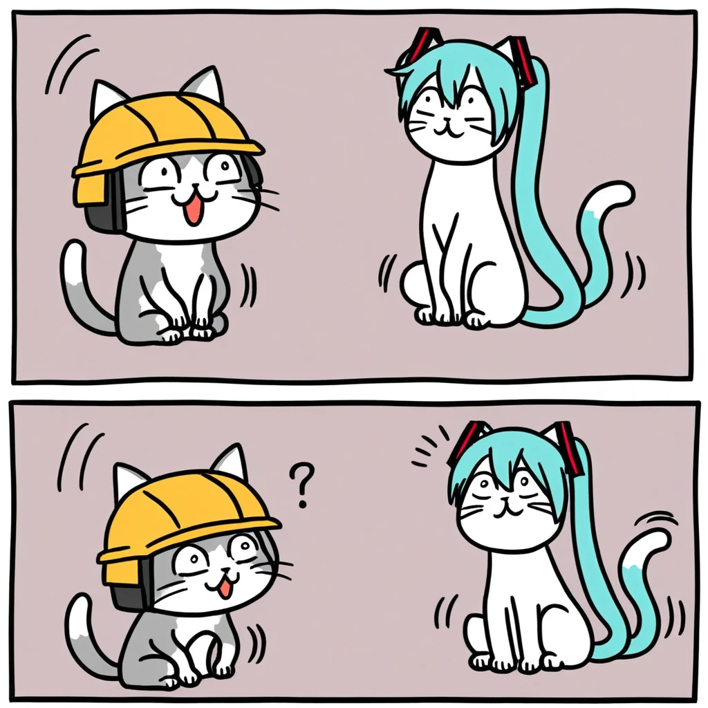 <lora:Genbaneko_Pony-000120:0.4>, best quality, white border,
@_@, motion lines, looking away,
genbaneko style, (white cat ear hat:1.2), white hard hat, cat meme,multi cat,
1girl,  hatsune miku,