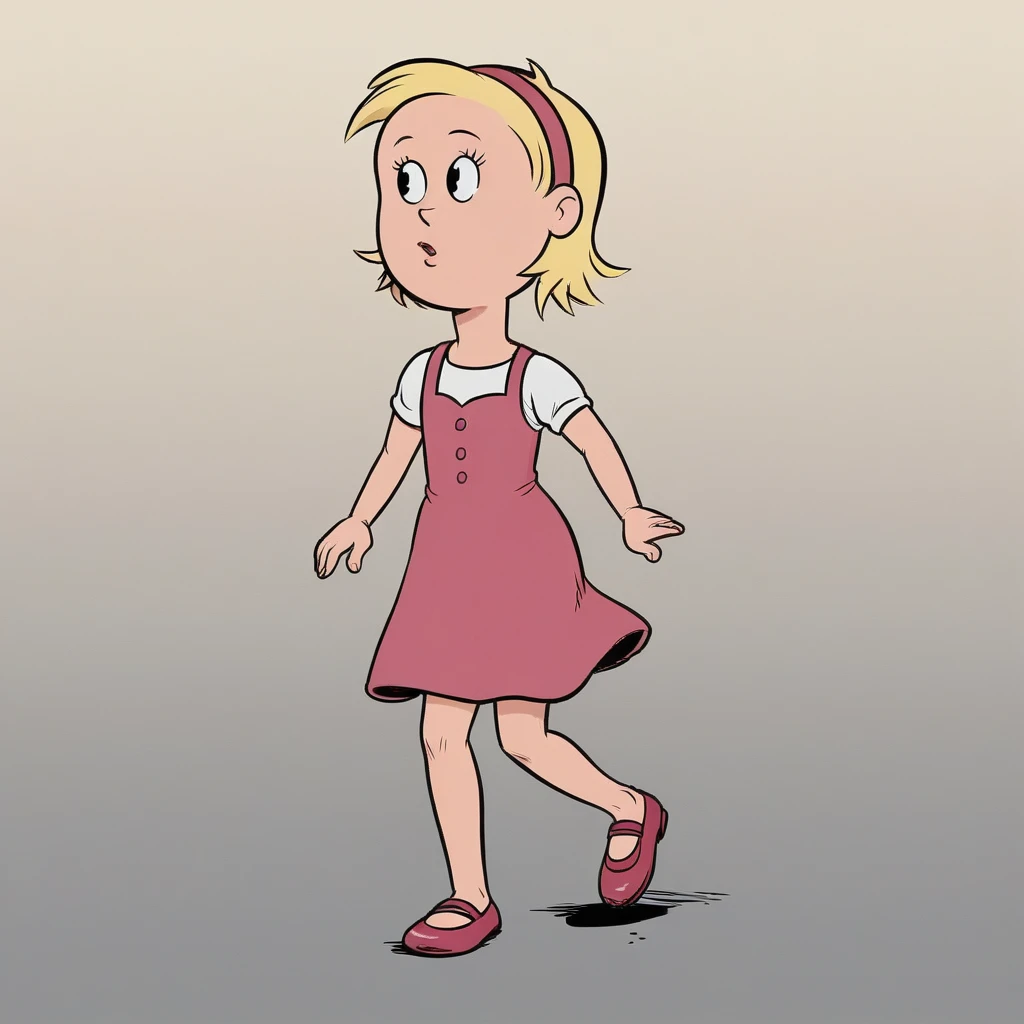 score_8_up, BREAK, SallyWalden,  1girl, solo, blonde hair, black eyes, headband, white shirt, pink dress, pink mary janes,  <lora:SallyWalden_Leaf1:0.8>, walking, gradient background,