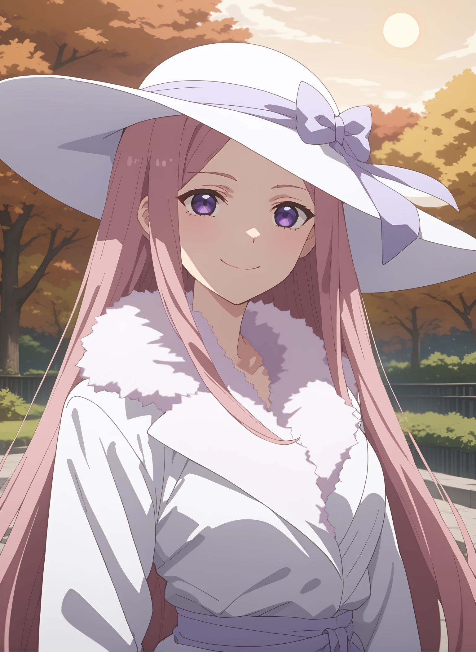 score_9, score_8_up, score_7_up, intricate details, source_anime, intricate details, highly detailed background, perfect lightingbest quality, fakenakanorena, solo, outdoors, nature, autumn, sun hat, hat ribbon, purple ribbon, white headwear, pink hair, parted bangs, very long hair, sidelocks, purple eyes, medium breasts, white coat, fur-trimmed coat, fur trim, long sleeves, smile, closed mouth, :), <lora:Fake-Nakano-Rena-05:0.7>