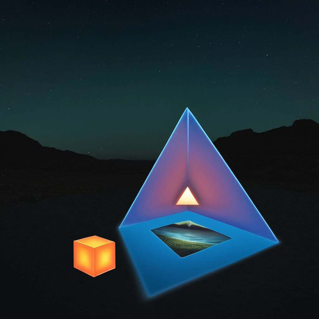 a triangle and a cube, bioluminescent, landscape