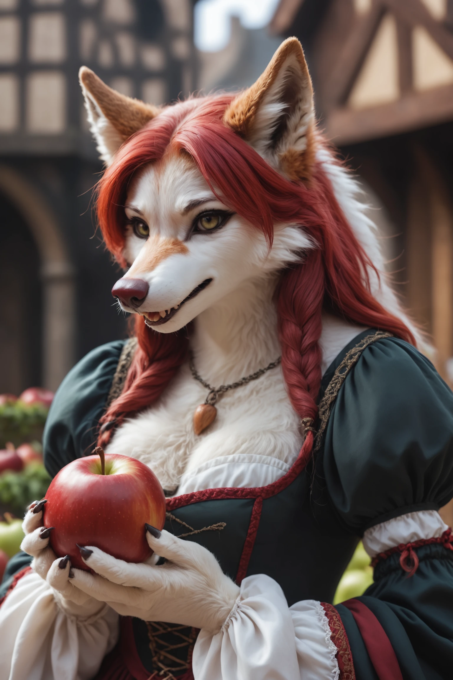 closeup photp of a red haired anthro wolf female,
 holding an apple, wearing medieval drees is eating a apple, wolf ears, wolf tail with white tip
,anthro,furry