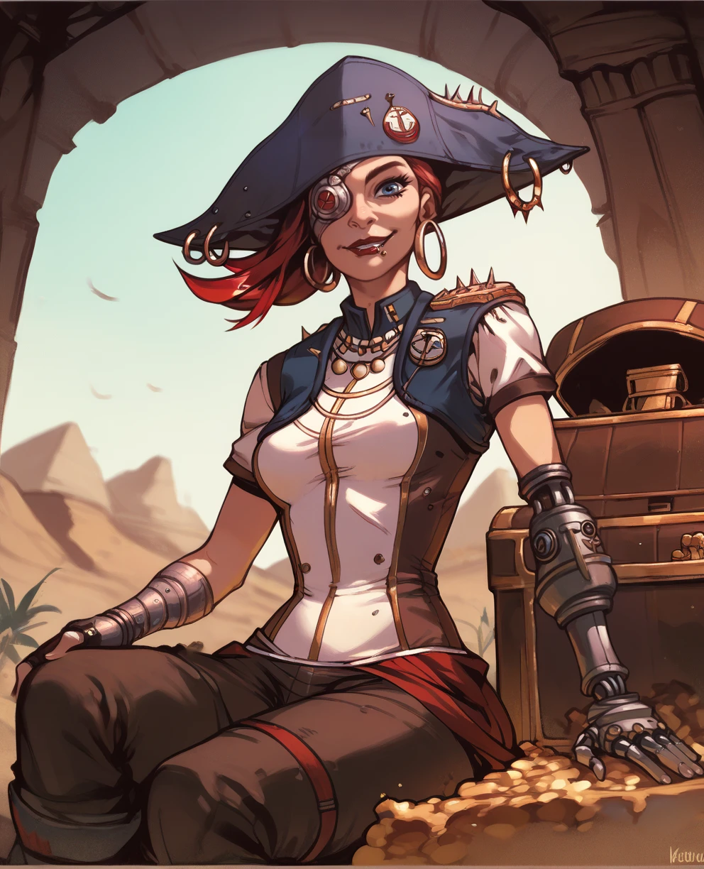 score_9,score_8_up,score_7_up,score_6_up,scarlettxl,blue eyes,eyepatch,red hair,lip piercing,lipstick,left prosthetic arm,hoop earrings,pirate hat,uniform,short sleeves,from below,
light smile,solo,desert,sitting,treasure chest,
<lora:CaptainScarlettXL:0.8>,