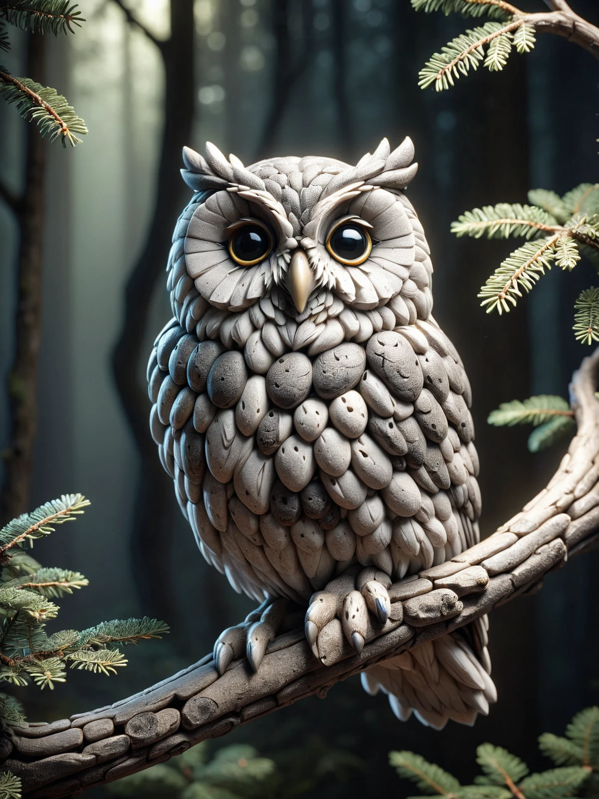 mad-cbblstn owl perched on a branch, cinematic lighting,  forest  <lora:Cobblestone_SDXL:0.8>, (masterpiece:1.2), best quality