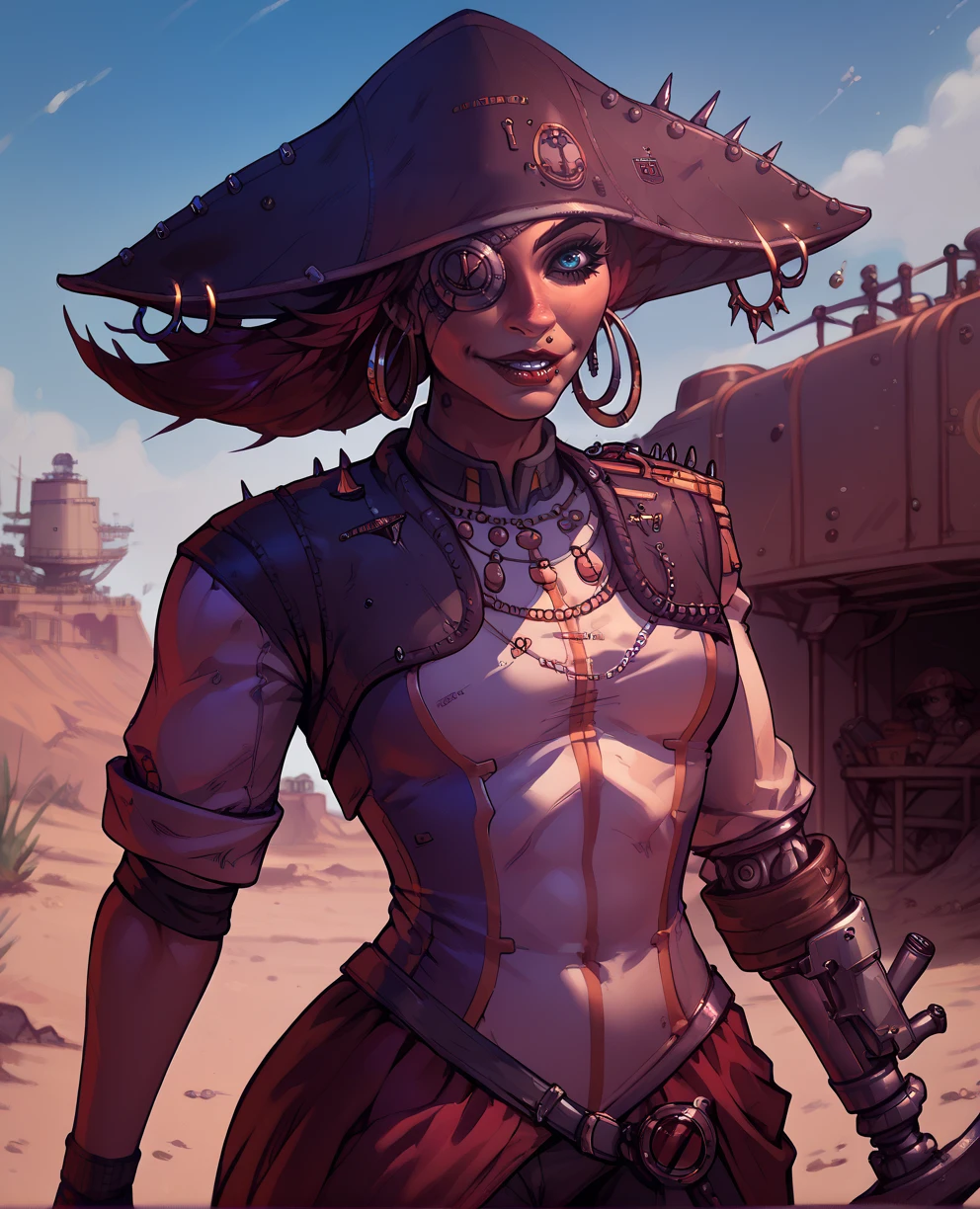 score_9,score_8_up,score_7_up,score_6_up,scarlettxl,blue eyes,eyepatch,red hair,lip piercing,lipstick,left arm prosthetic hook,hoop earrings,pirate hat,uniform,short sleeves,
standing,
light smile,solo,desert,pirate ship,<lora:CaptainScarlettXL:0.8>,