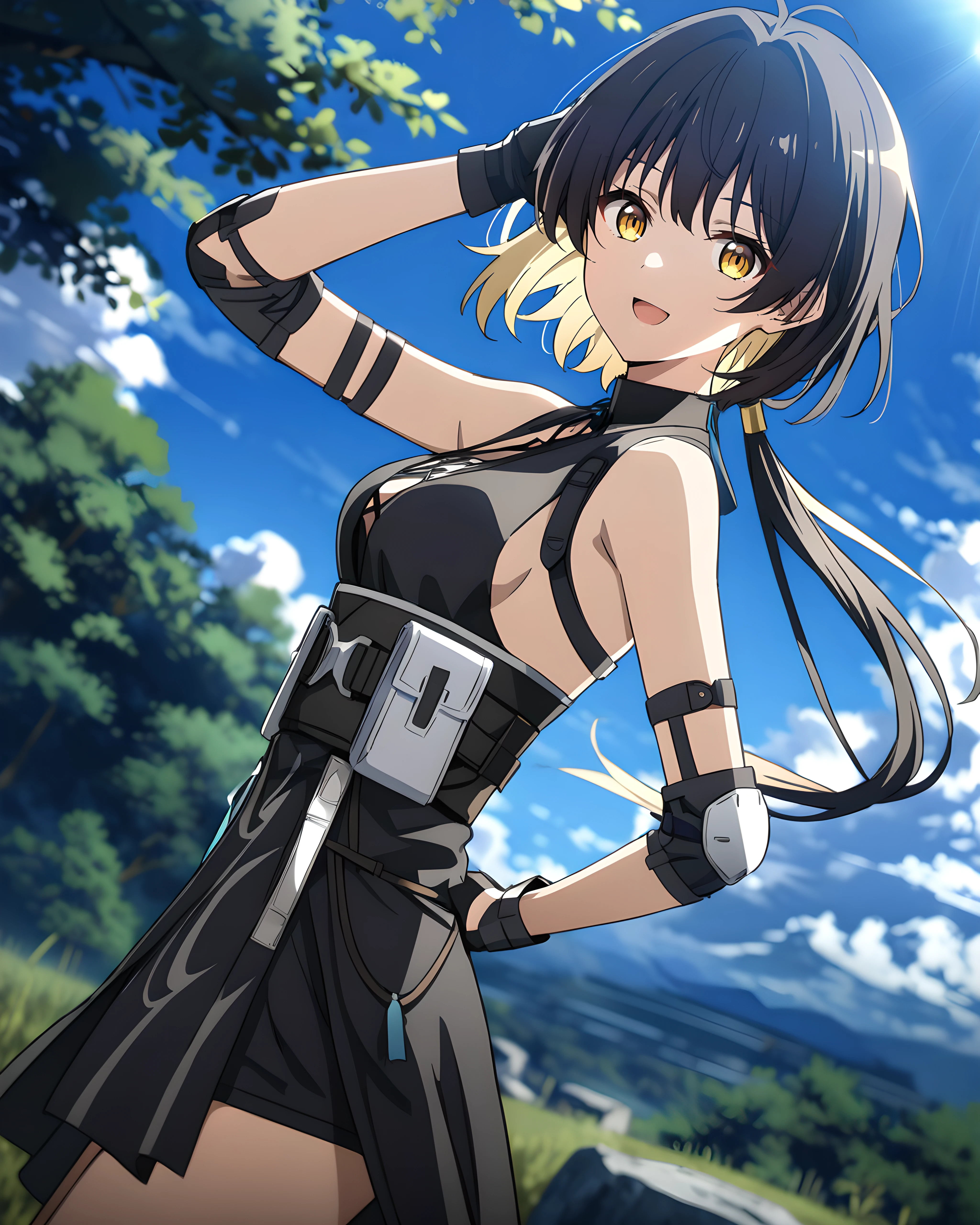 1girl, anime coloring, cowboy shot, standing, from side, looking at viewer, Female Rover, yellow eyes, black dress, elbow pads, black gloves, bare shoulders, open mouth, smile, arm up, hand on own head, outdoors, cloud, blue sky, sunlight <lora:FM3:0.6>