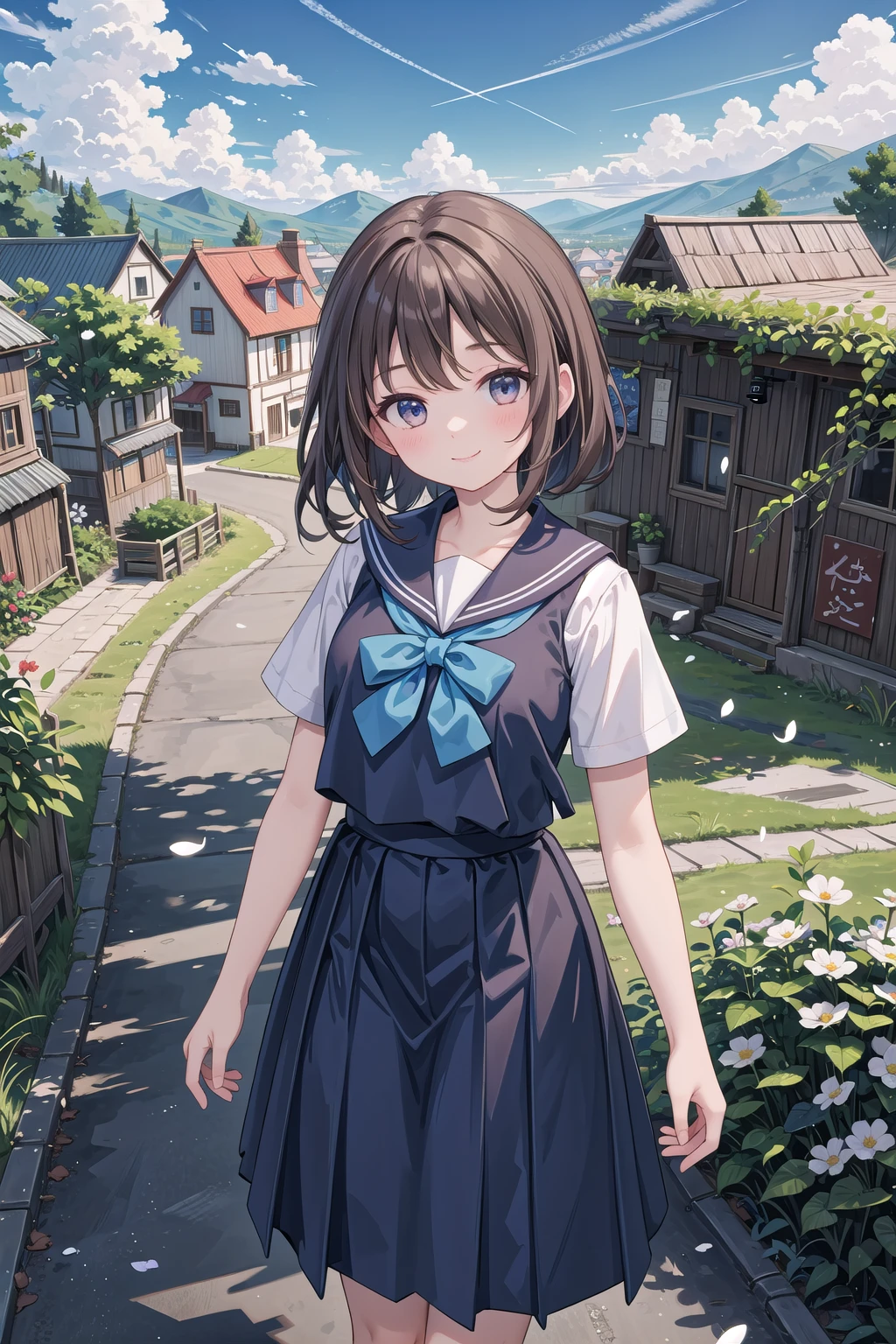 (masterpiece), cowboy shot, town, blue sky, 1girl, smile, solo, sailor uniform, brown hair, cloud, cloudy sky, day, outdoors, overgrown, petals, plant, scenery, shoes, standing