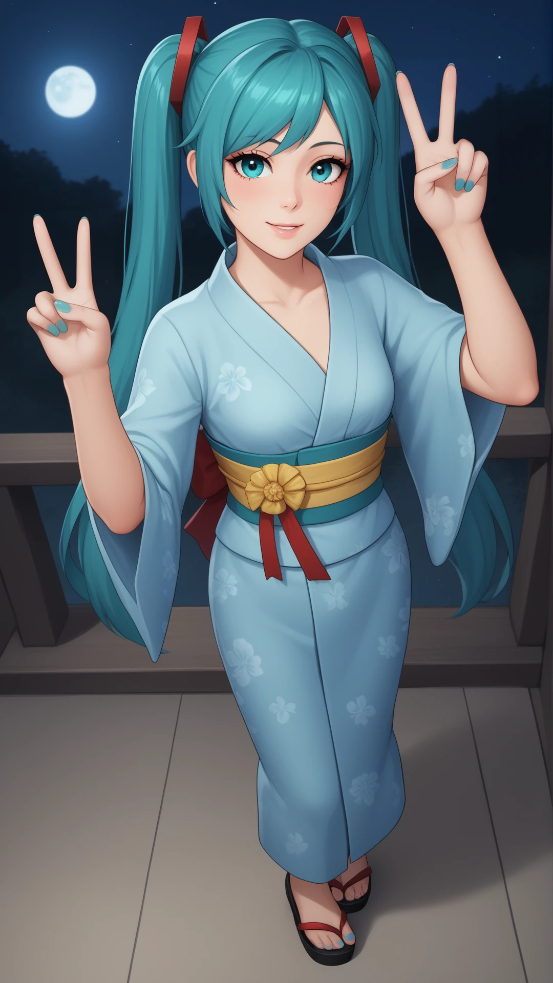 <lora:3d:0.8>, 3dr7, mature female
score_9, score_8_up, score_7_up, BREAK source_anime, best quality, masterpiece, ultra detailed,
<lora:Everlasting_Summer_Miku_by_GraffMetal:0.7>, miku, aqua hair, aqua eyes, twintails, long hair, very long hair, 1girl, solo,
smile, blush, 
black eyeliner cat eye, pink lips, aqua short nails,
aurora, cloud, fireflies, floral print, japanese clothes, kimono, moon, moonlight, night, night sky, obi, sash, shooting star, sky, starry background, starry sky, tree, twilight, yukata, small breasts, peace sign, full body, 
amazing background, looking at the viewer, looking at the camera, portrait, , from above,