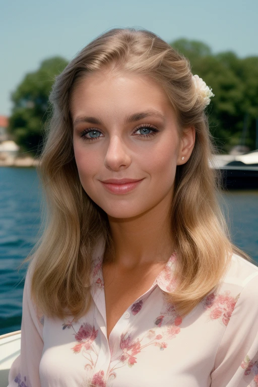 candid portrait of a beautiful woman, photo, stunning face, on a yacht, floral blouse, 8k uhd