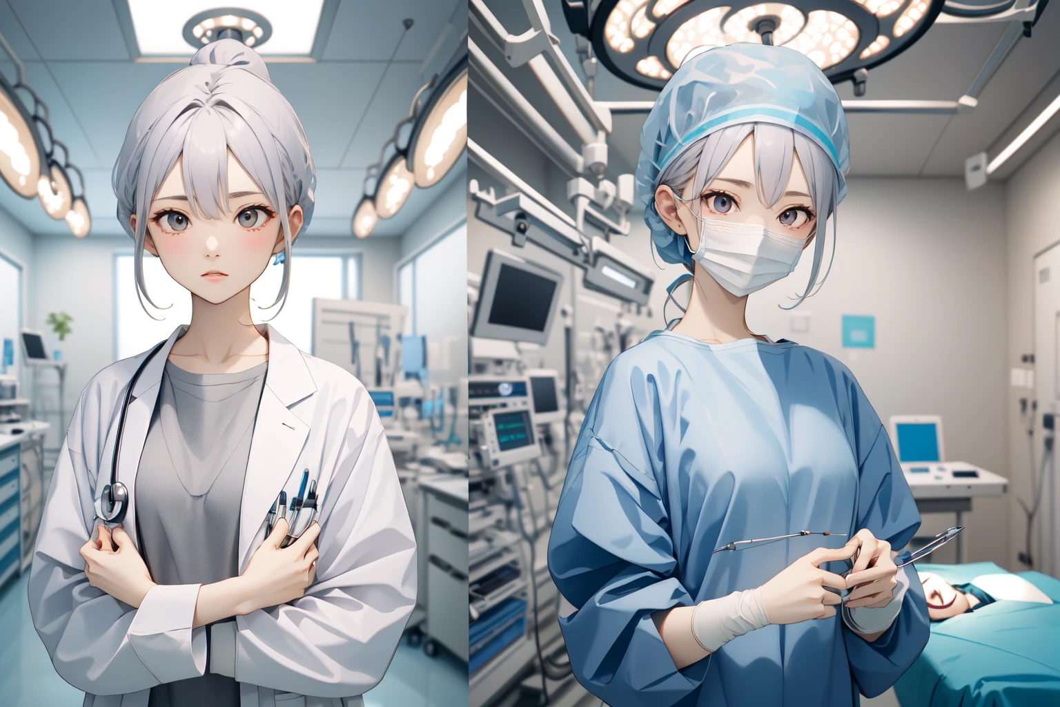 (RAW photo, best quality),  
 <lora:concept_doctor_two_panes_1_1:1> surgeon_two_panes, side by side