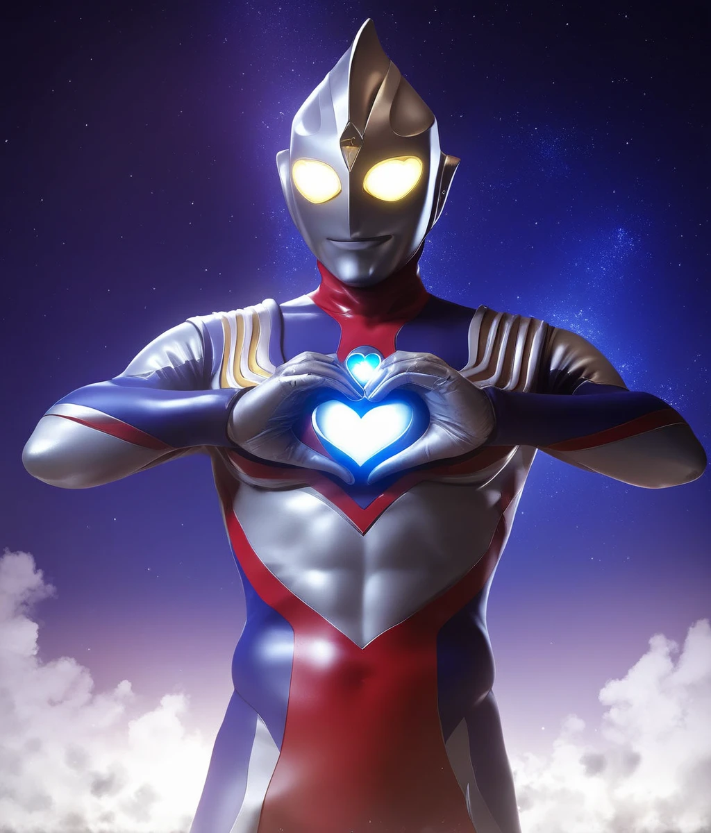 Score_9,score_8_up,score_7_up,score_6_up,score_5_up,score_4_up,source_anime,1boy,solo,no humans,yellow eyes,glowing_eye,mask,metal skin,colored skin,blue chest light,color timer,aliens,ultraman tiga,strong,masayoshi,giant,dancing,too many hearts,heart hands,tokusatsu,night,starry sky,<lora:Role_Ultraman_Tiga:0.9>,