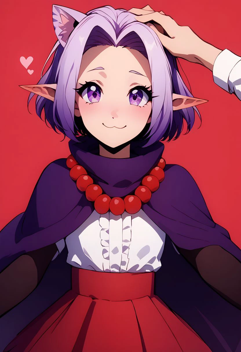 score_9, score_8_up, score_8, medium breasts, (curvy), cute, eyelashes,  rating_safe,
BREAK, 
zzLilac, pointy ears, animal ears, purple hair, cat ears, short hair, purple eyes, extra ears,  white shirt, purple cape, red bead necklace, red skirt, black thighhighs,
BREAK, 
blush, smile, shy, 
pov hands, 
head tilt, heart, human hand, hand on head, 
zPDXL,