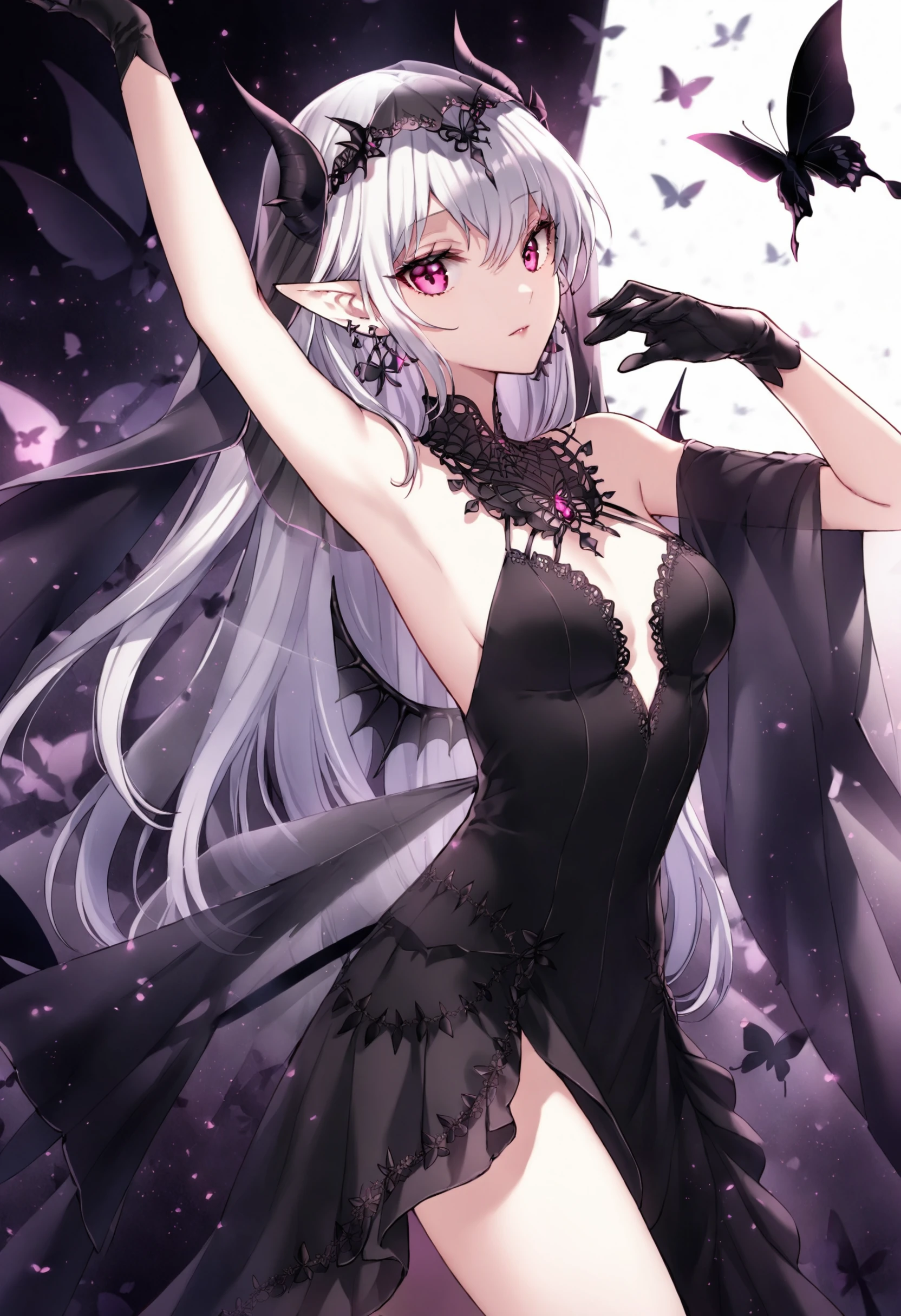 masterpiece,best quality,solo, 1girl, gloves, dress, pointy ears, black gloves, wings, tail, butterfly, black dress, long hair, earrings, looking at viewer, veil, demon tail, bug, jewelry, bare shoulders, white hair, demon girl, cowboy shot, sleeveless, demon wings, sleeveless dress, pink eyes, arm up, lace trim 
 <lora:nardackXLlokr8f-000183:0.95>