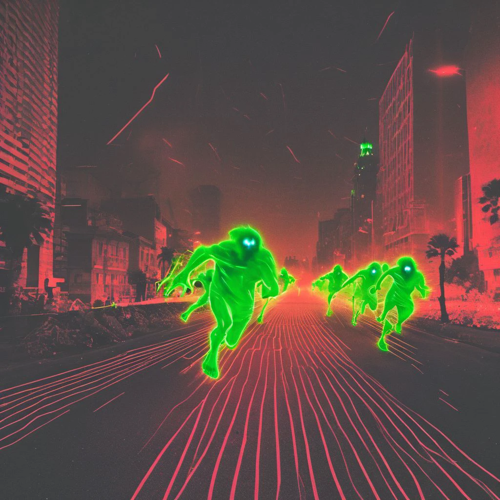 people running through the streets, monster, lasers