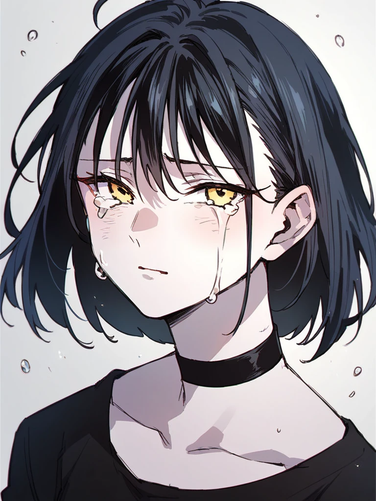 score_9, score_8_up, score_7_up, 
1girl, rosewood fox ludika, pale skin, yellow eyes, medium hair, black hair, bangs, 
looking at viewer, frown, tears, upper body, black choker, black t-shirt, long sleeves,
