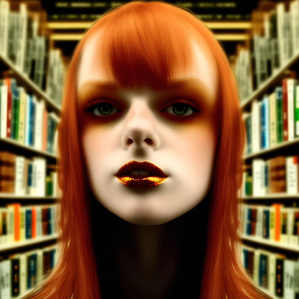 redhead, facing the viewer, library