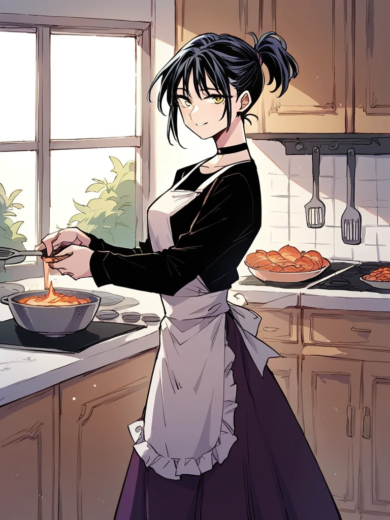 score_9, score_8_up, score_7_up, 
1girl, rosewood fox ludika, black hair, bangs, medium hair, short ponytail, black choker, black t-shirt, long skirt, long sleeves, dark purple skirt, white apron, standing, kitchen, looking at viewer, smile, cooking,