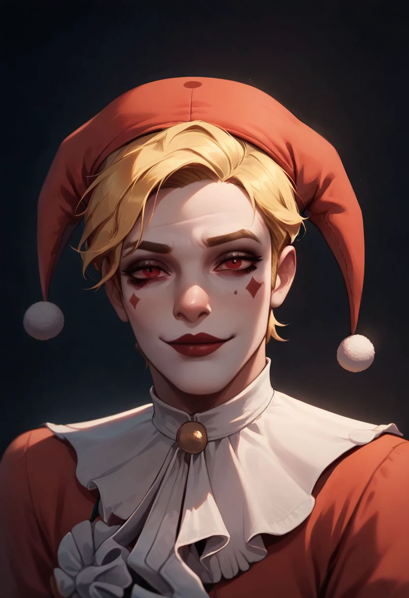 (((beautiful, high quality))), upper Body, score_9, score_8_up, score_7_up, 
looking at the viewer, posing, 
Clown, Clown makeup, clown costume, colorful clown costume, jester's hat, red clown nose, 1boy, male focus, blonde hair, red eyes,
dark background, blurred background,