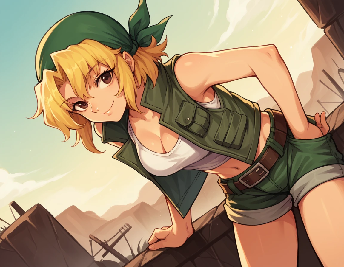 (masterpiece, best quality), official art, 8k, ultra detailed, one girl, EriDef, solo, glowing skin, sweat, blonde hair, brown eyes, (huge breasts), cleavage, navel, origan cloth, green bandanna, crop top, tank top, vest, short shorts, green shorts, kneek pads, belt, looking at viewer, Arabian city, desert, cowboy shot, <lora:LoRA_Eri:0.9>, <lora:more_details:0.3>
