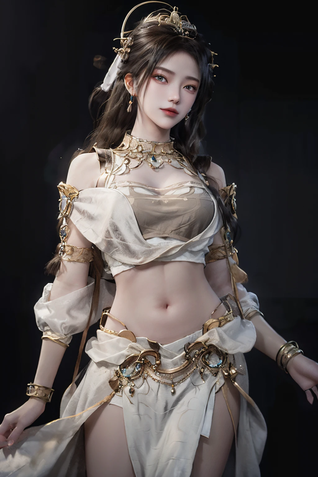 <lora:yaoxi:1>,shengnv,1girl,jewelry,solo,long hair,navel,earrings,bracelet,realistic,forehead mark,hair ornament,white skirt,midriff,brown hair,skirt,looking at viewer,facial mark,breasts,(simple background:1.8),grey background,