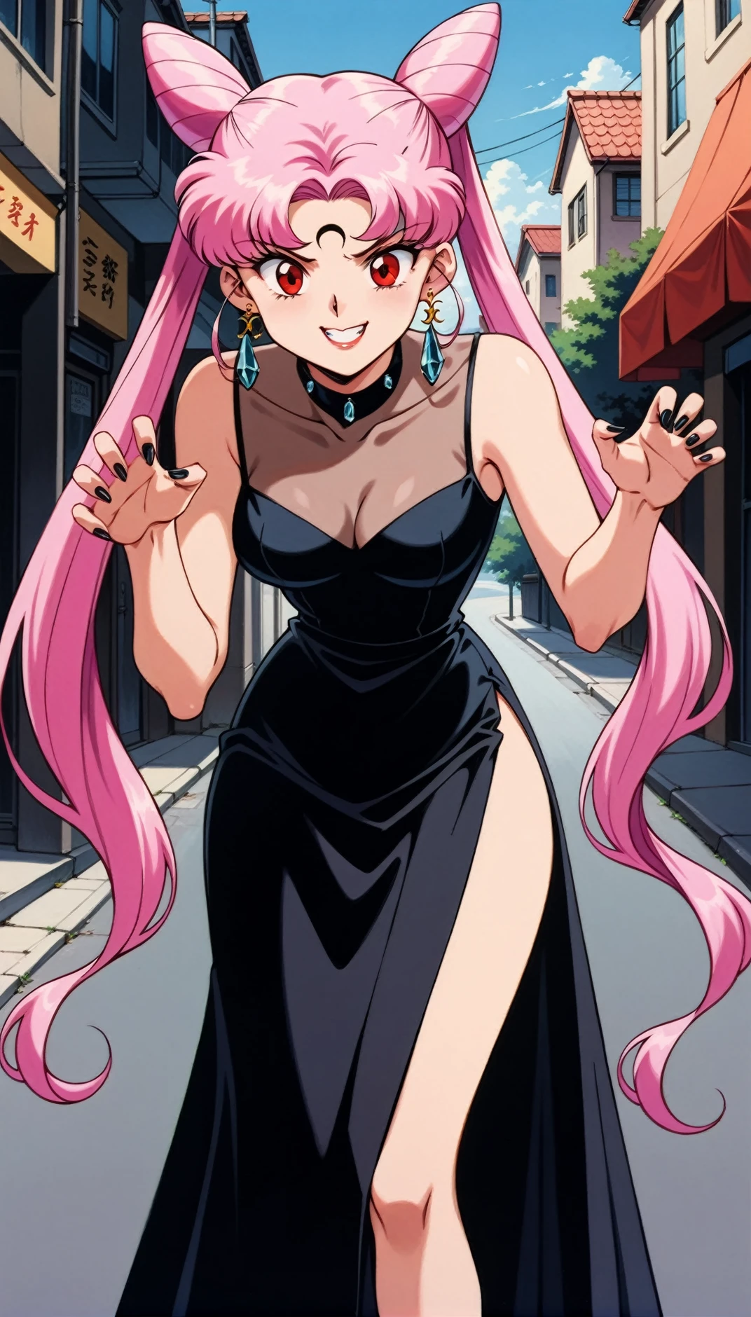 masterpiece,best quality,very aesthetic,ultra detailed,intricate details,<lora:Black Lady1:0.8>,1990s \(style\),Black Lady1,1girl,solo,pink hair,cone hair bun,long hair,hair bun,double bun,red eyes,twintails,very long hair,side slit,dress,facial mark,crescent,jewelry,earrings,crystal earrings,forehead mark,street,leaning forward,claw pose,evil grin,outdoors,