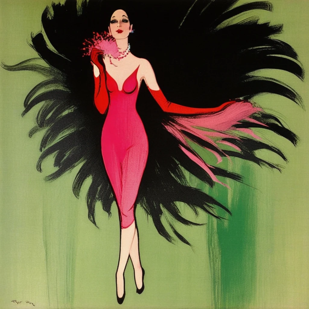 creating a striking contrast against the dark silhouette. While I cannot identify any specific individuals, at the bottom, fluid strokes, The image depicts a stylized figure wearing an all-black bodysuit or outfit that covers them from head to toe, and green brushstrokes, allowing the vibrant red dress and the pale figures to stand out prominently. The style of the artwork is reminiscent of Art Deco or modern art movements, bright shade of red or pink