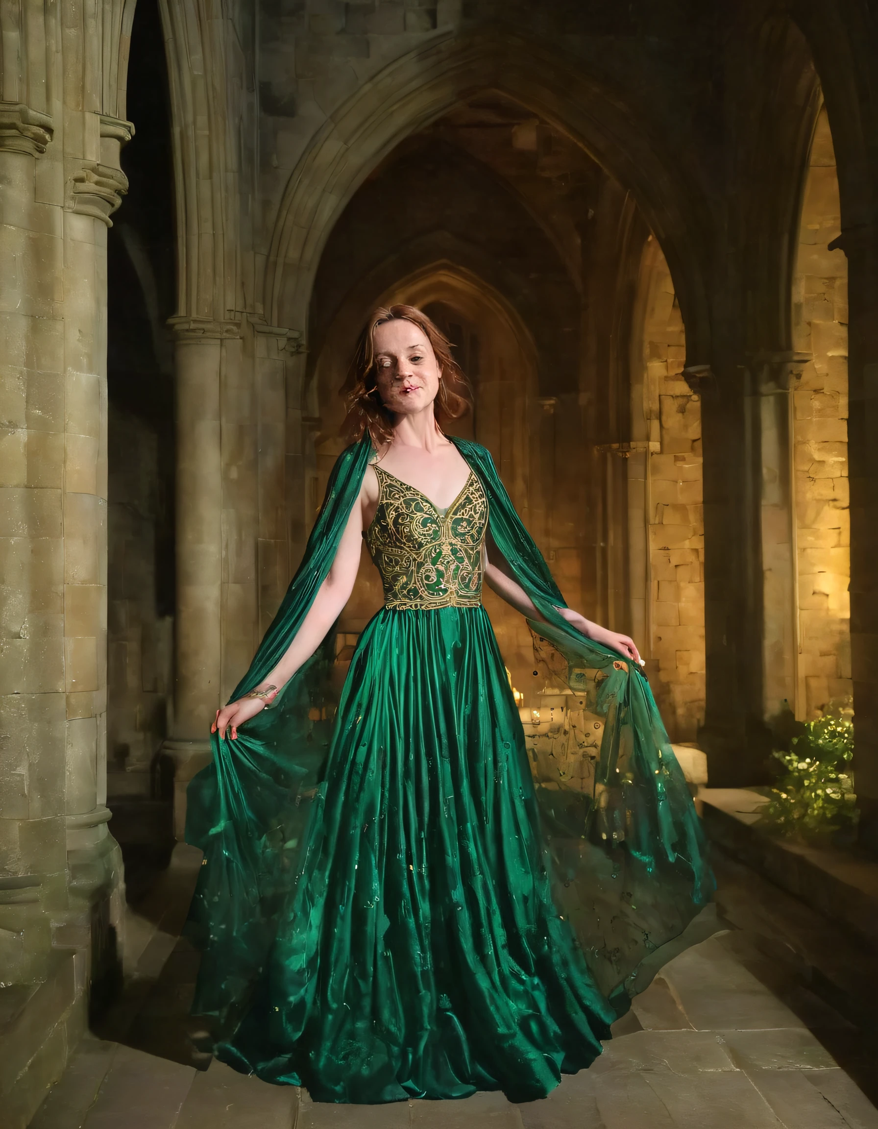 In the dimly lit, hazy ambiance of a Gothic cathedral at twilight, Harriet Slater stands in a mesmerizing pose, her ethereal beauty bathed in shadows that dance upon the ancient stone walls, clad in an emerald silk gown adorned with intricate gold embroidery and opulent silk and pearls veil that catches the light and casts a radiant halo around her. <lora:wtqwyo18ff2c060f5va:1>