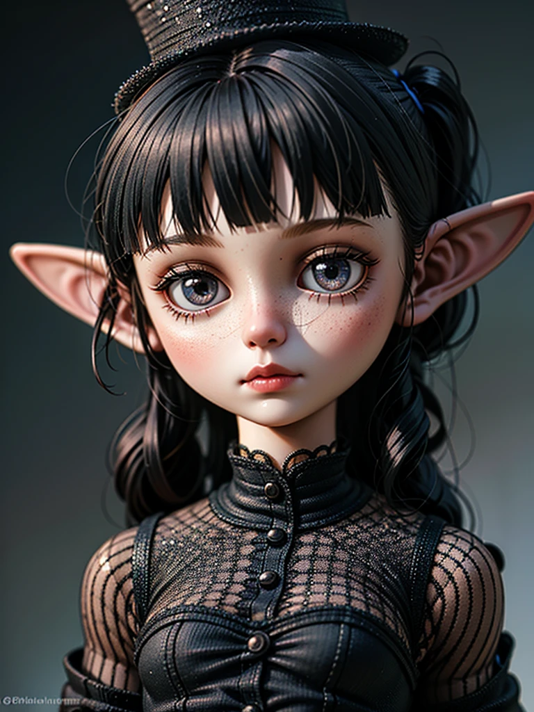 <lora:20240608-1717831942030:0.4> FRESHIDEAS blythe doll style,Young dwarven girl wearing light plate armor, strong build, optimistic expression, brave leader, slightly reckless demeanor, full body shot in a fantasy setting. Styled as a Goth Blythe doll with a headband featuring a tiny top hat to the side, a red glittery heart around one eye, and a glittery black spade around the other eye. Big, realistic eyes with an intricate maximalism design, highly detailed and high definition, set against a dark background, in the distinctive Blythe doll style.