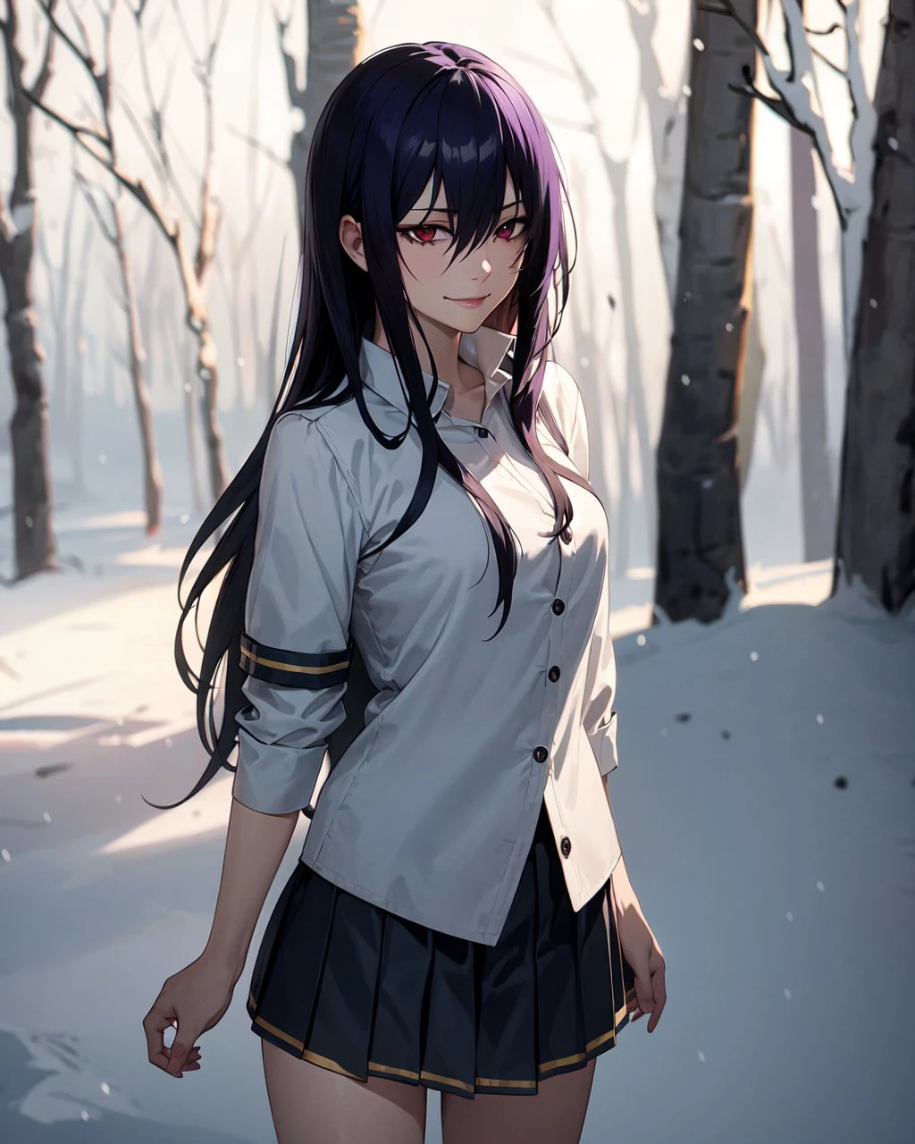 full_shot,snow,ice,forest BREAK
4k,(Masterpiece),(Realistic Skin Texture),Extremely Detailed,Refined,Super Detailed,Professional Photography,Bokeh,High Definition,Sharp Detail,Best Quality BREAK
Setsura,1girl,adult,long hair,pale_skin,hair between eyes,black hair,purple hair,two-tone hair,red eyes BREAK
summer_uniform,sandals,miniskirt,
standing,smirk,<lora:Setsura:0.7>,