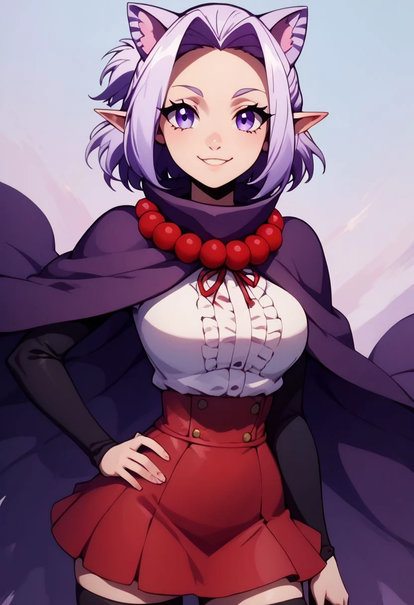 score_9, score_8_up, score_8, big breasts, (curvy), cute, eyelashes, 
BREAK, 
zzLilac, pointy ears, animal ears, purple hair, cat ears, short hair, purple eyes, extra ears,
white shirt, purple cape, red bead necklace, red skirt, black thighhighs, 
hand on hip, 
smile, 
BREAK, 
zPDXL, Expressiveh p4st3lg0r3