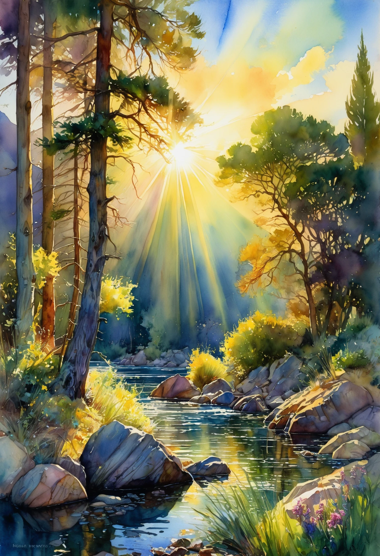 Masterpiece, perfect watercolor illustration, alcohol ink, crossed colors, landscape by Peder Mork Monsted, Erin Hanson, Claude Monet, Arthur Hughes, Melissa McKinnon, David Mack, highly detailed, dappled light, crepuscular rays, captivates with sharp focus, high resolution details, ultra-thin textures, intricate, studio photo quality,
