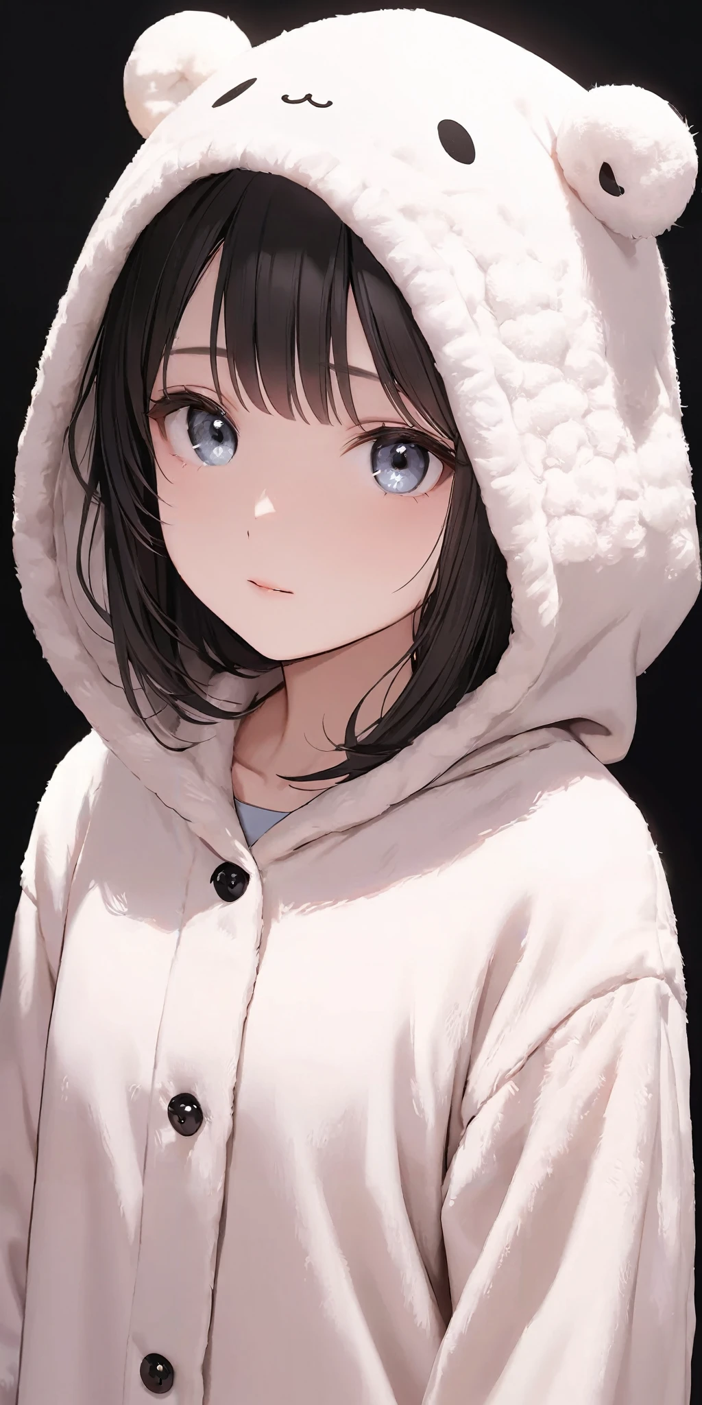 masterpiece,ultra-detailed,best quality,8K,illustration,simple background,cute face,clean skin ,shiny hair,girl,ultra-detailed-eyes, <lora:add-detail-xl:1>,  <lora:pajamas_XL_V2.0:1.2> jyojifuku, pajamas,wool,hood