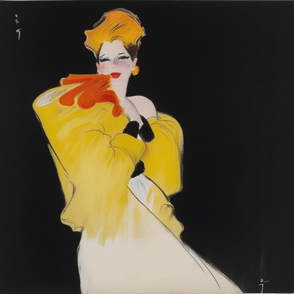 fashionable and somewhat vintage aesthetic. The artist's signature appears at the bottom right corner.​​​​​​​​​​​​​​​​, impressionistic style, expressive stage performance through bold colors, and she is wearing what appears to be a yellow silk jacket and a long white skirt. Her face has bright red lips and yellow-orange flowing hair styled in an upswept fashion. The background is plain black, allowing the brightly colored female form to stand out prominently as the central subject of the art piece. While stylized and exaggerated, abstract style. The subject has pale skin, and gestural brushwork.