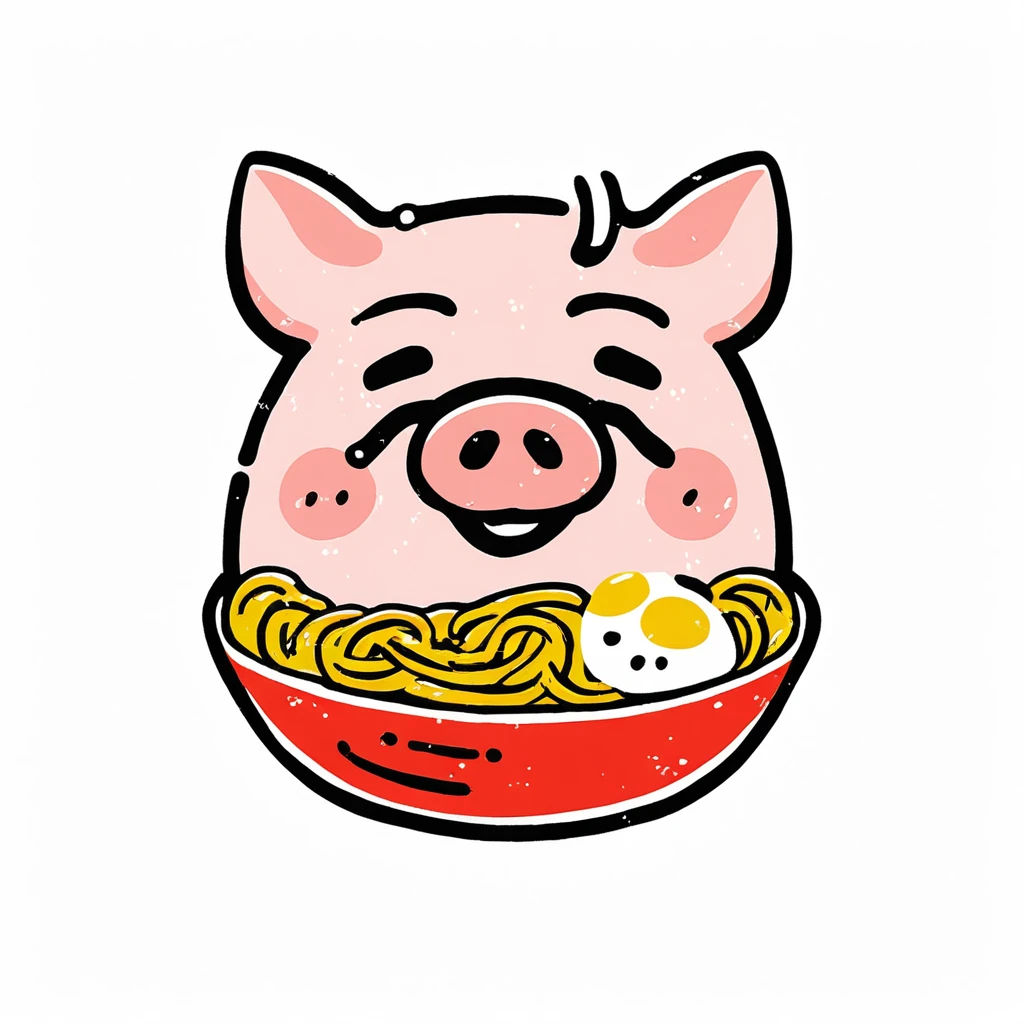 abstract style,	Brand Identity Design, pig, ramen, white background, Cartoon characters, Minimalist lines,non-representational, colors and shapes, expression of feelings, imaginative, highly detailed,