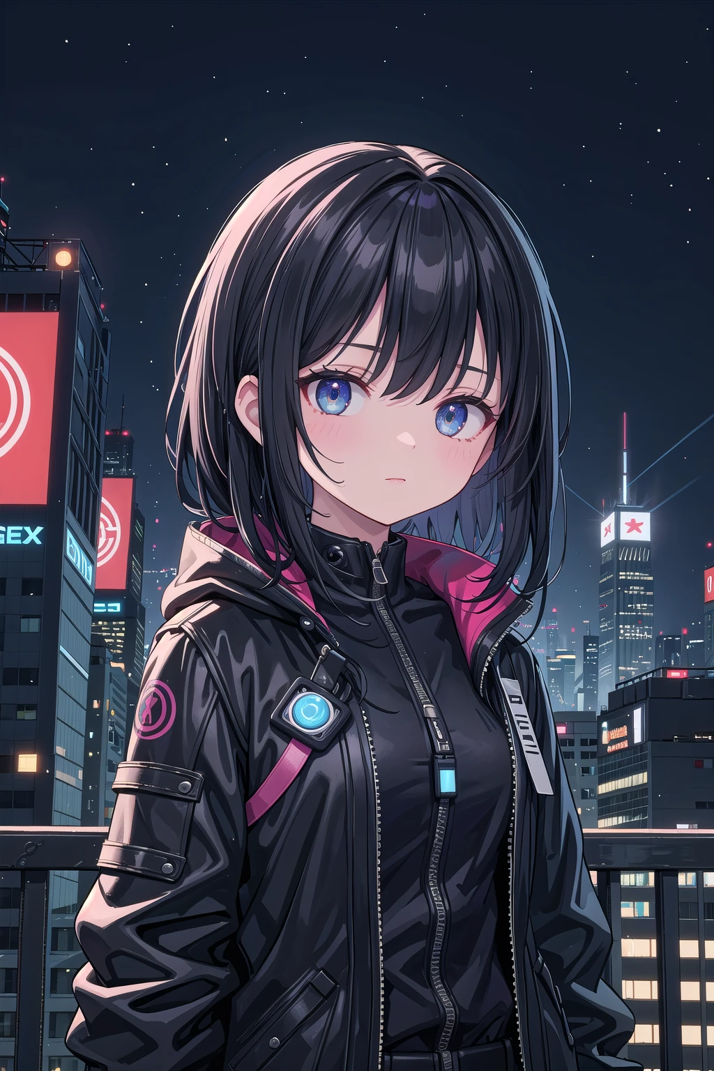 (masterpiece), cyberpunk, city, night, neon lights, city lights, 1girl, black hair, medium hair
