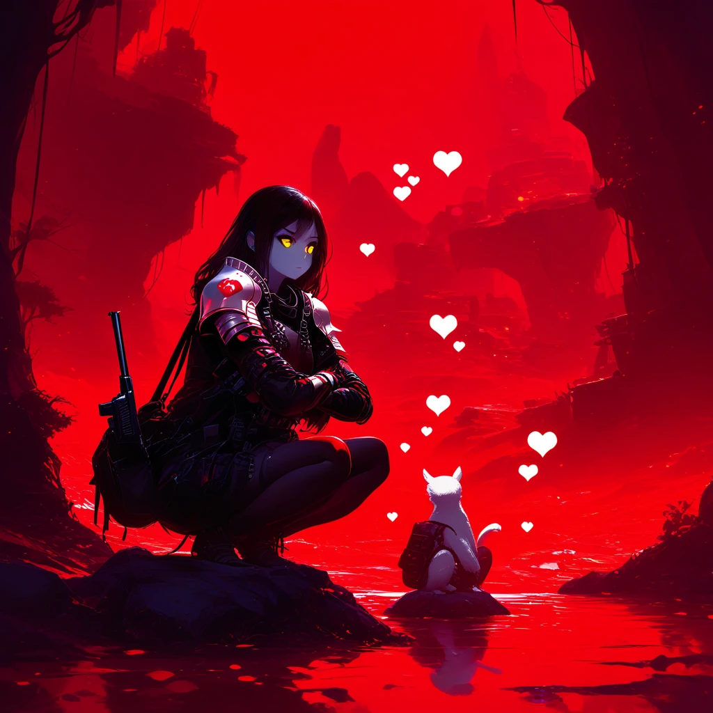 gun, heart, bag, shoulder armor, red theme, yellow eyes, scenery, 1girl, crossed arms, squatting, animal