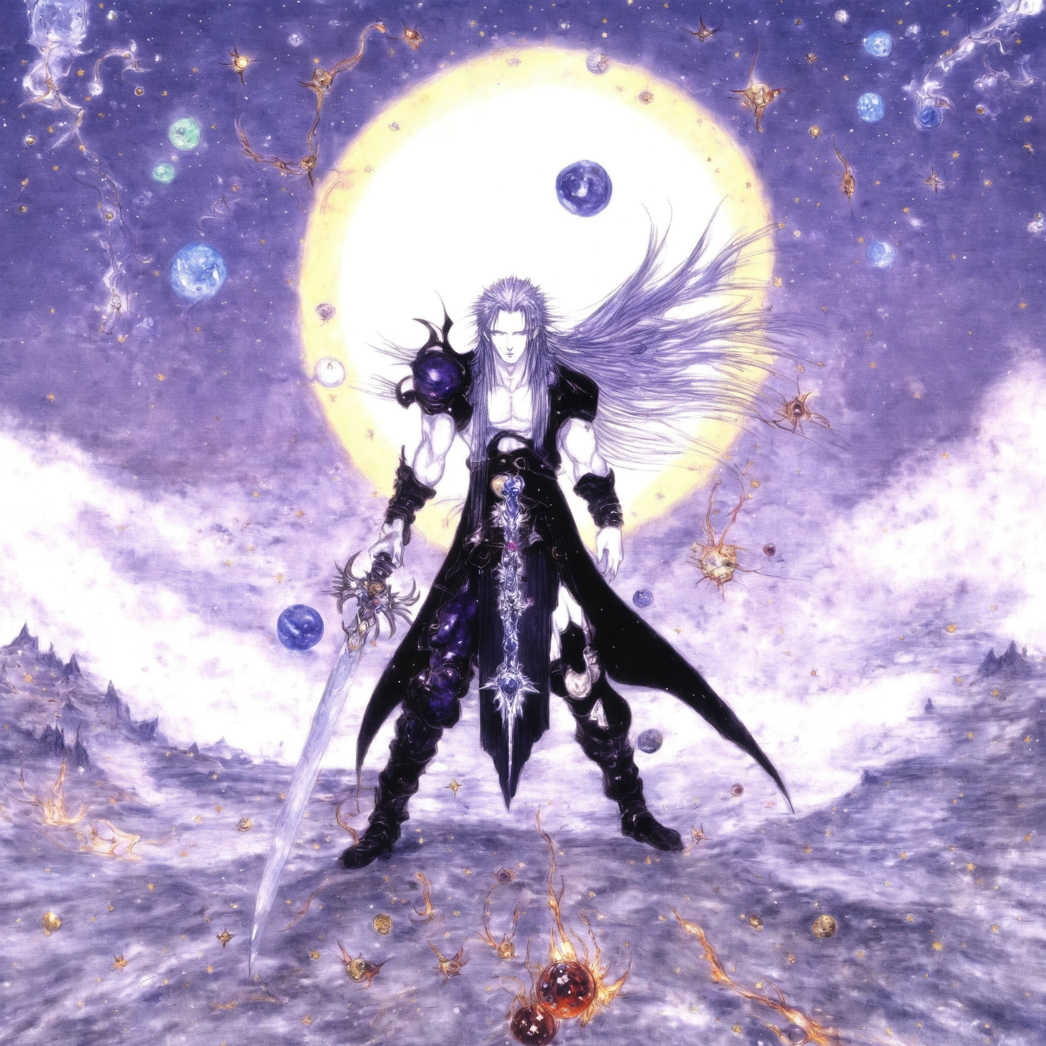 <lora:Amano_Mode_Activated:1>, Amano_Mode_Activated, Sephiroth from FF7 Holding his Masume sword, framed by distant stars, planets, Godlike beings,  nebula, twinking diamonds, rubies, amethysts, threads of metallic gold and silver, Distant mountains and flames