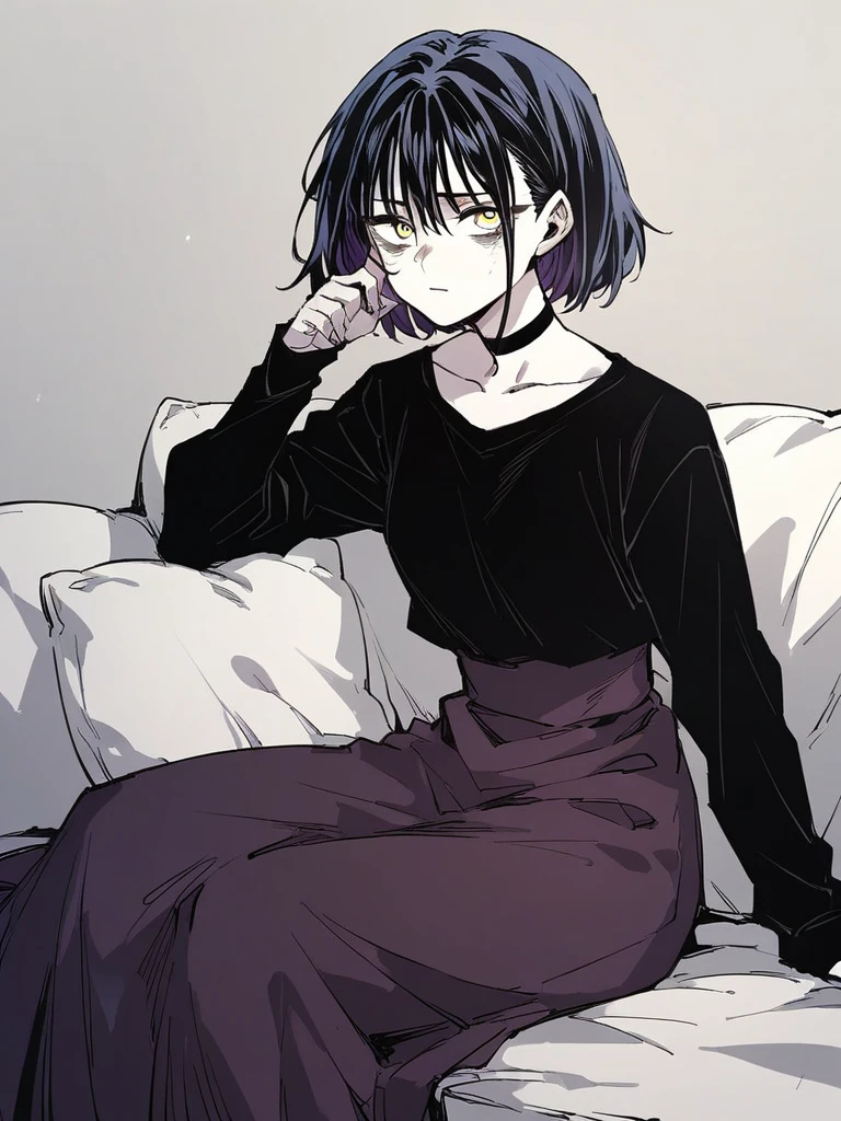 score_9, score_8_up, score_7_up, 
1girl, rosewood fox ludika, pale skin, yellow eyes, medium hair, black hair, bangs, 
frown, looking at viewer, bags under eyes, sitting, on couch,

black t-shirt, long sleeves, black choker, long skirt, dark purple skirt,
