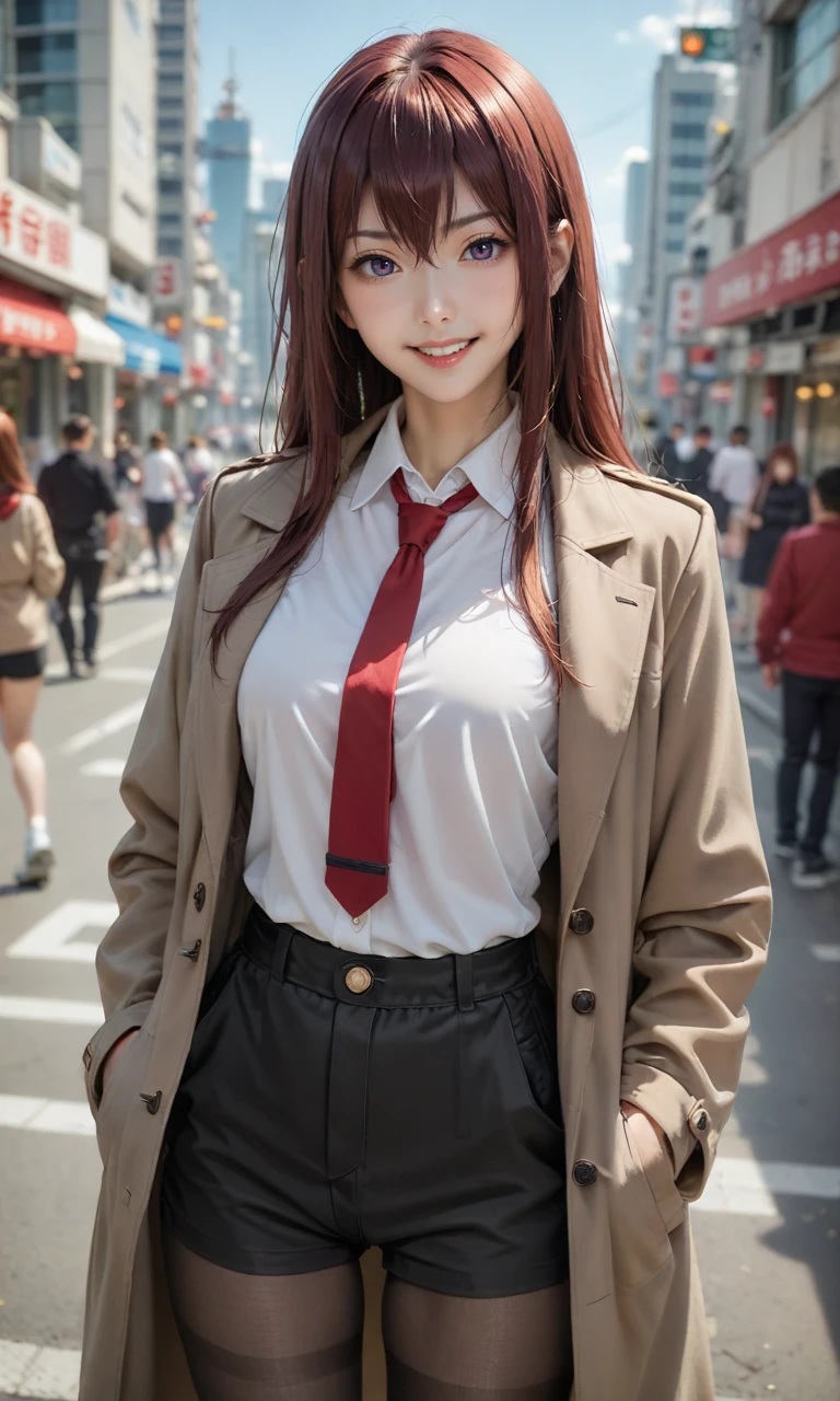 score_9, score_8_up, score_7_up, urisumakise, <lora:kurisu-makise-s1-ponyxl-lora-nochekaiser:1>,kurisu makise, hair between eyes, hair over shoulder, long hair, purple eyes, red hair, straight hair,black pantyhose, black shorts, brown coat, coat, collared shirt, long sleeves, necktie, pantyhose, pantyhose under shorts, shirt, short shorts, shorts, sleeves past wrists, white shirt, wing collar,outdoors, cityscape, smile,looking at viewer, cowboy shot, solo, dutch angle,