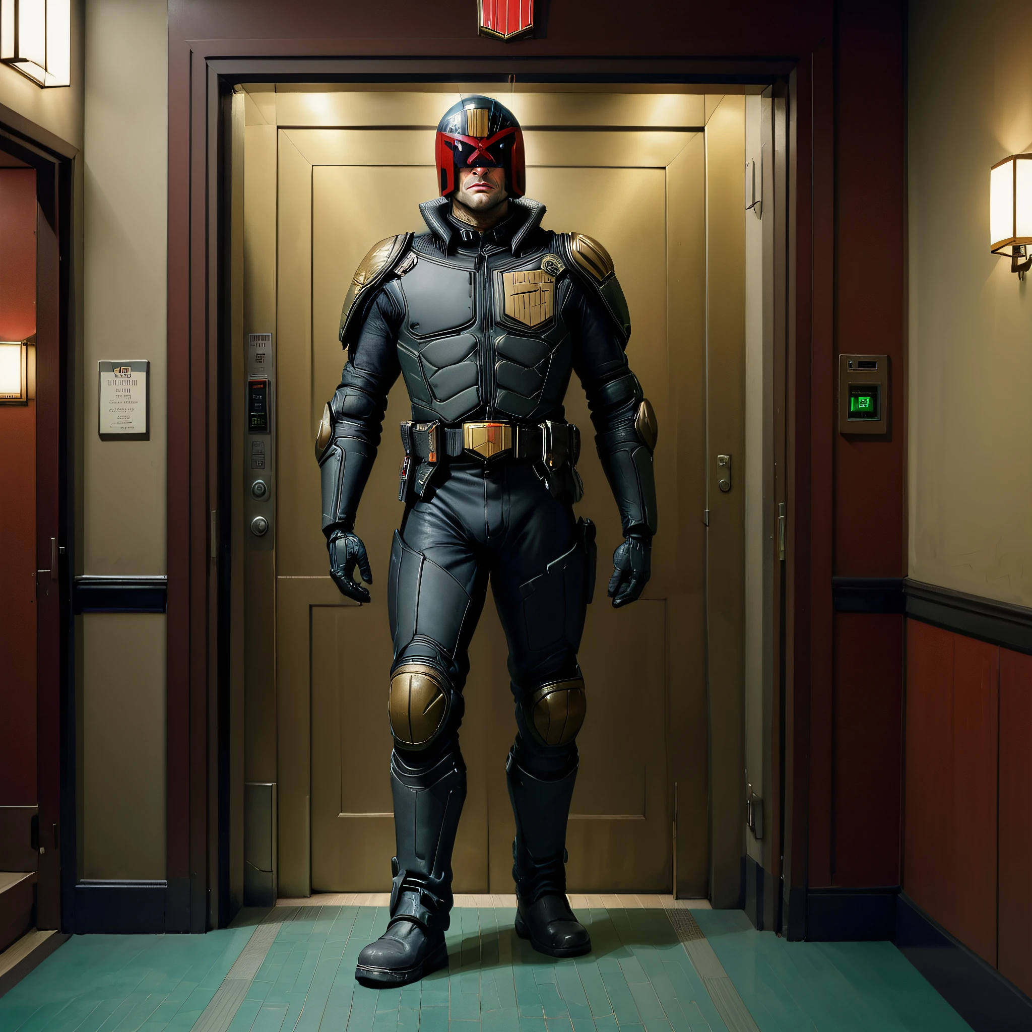 Dredd waiting for an elevator in a 1920s hotel, jdgdrdd,