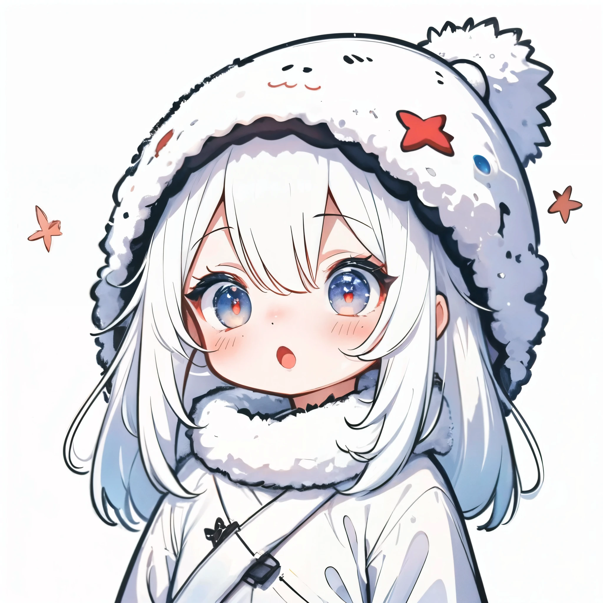 (HD), (ultra-detailed), (masterpiece), (best quality), (sharp focus), (cinematic lighting), (vibrant colors),   <lora:ChibiPF_Anime:1>, chibipf, 1girl, white background, winter hat, long white hair, :o,