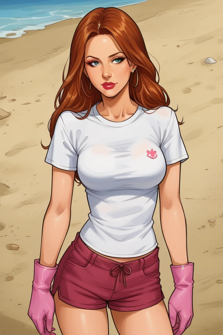 <lora:flxpdxl-v2-32:0.75>,cowboy shot,m4r1554 woman,solo,t-shirt,shorts,hetero,solo focus,makeup,beach,lipstick,pink gloves,(flx4ppl art style:0.5) BREAK <lora:Expressive_H:0.8>,expressiveh,score_9,score_8_up,score_7_up,