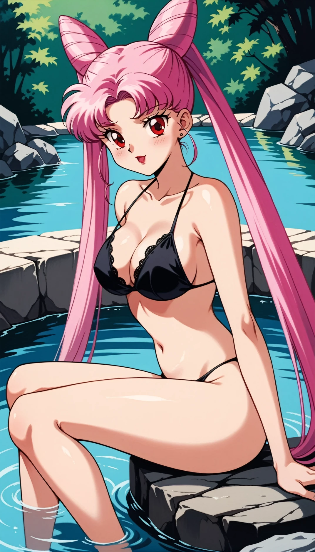 masterpiece,best quality,very aesthetic,ultra detailed,intricate details,<lora:Black Lady1:0.8>,1990s \(style\),Black Lady1,1girl,solo,pink hair,cone hair bun,long hair,hair bun,double bun,red eyes,twintails,very long hair,bikini,onsen,in water,