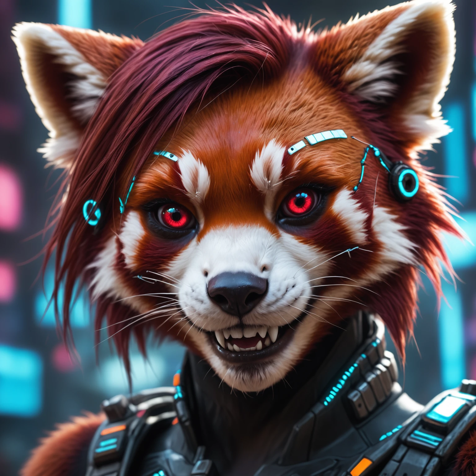 closeup, face portrait,anthro red panda ,cyberpunk , fangs <lora:Furry Enhancer 6.1:0.8>
