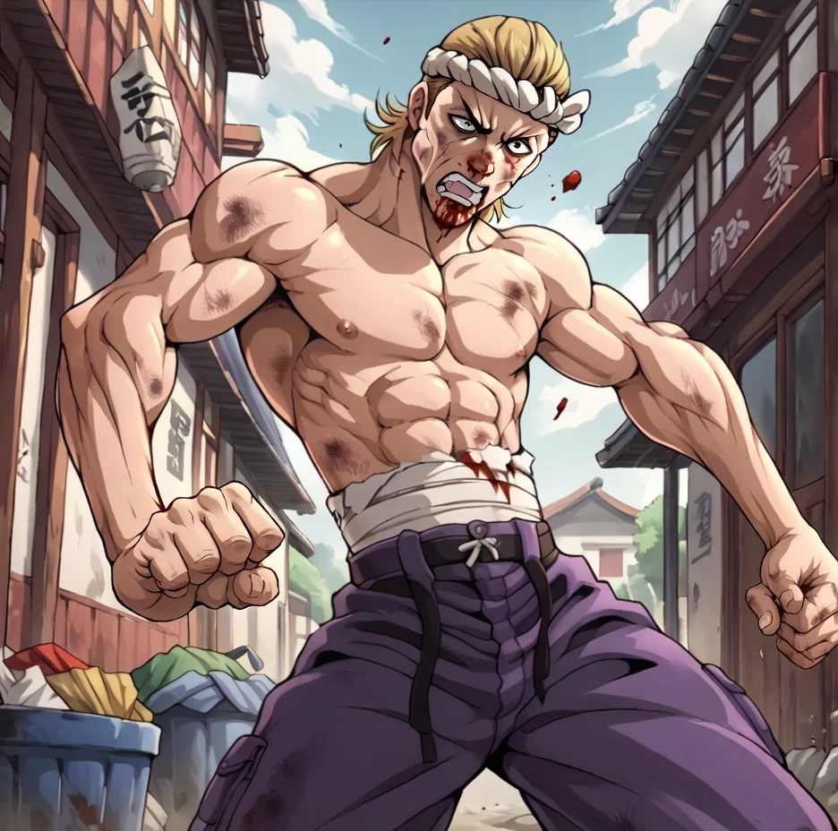 score_9, score_8_up, score_7_up, score_6_up, score_5_up, score_4_up,
<lora:Shiba_Chiharu:0.8>, sh1bachiharu, male focus, solo, blonde hair, headband, sarashi, hachimaki, topless male, fighting pose, punching, scrapes and cuts, blood, alleyway, trash