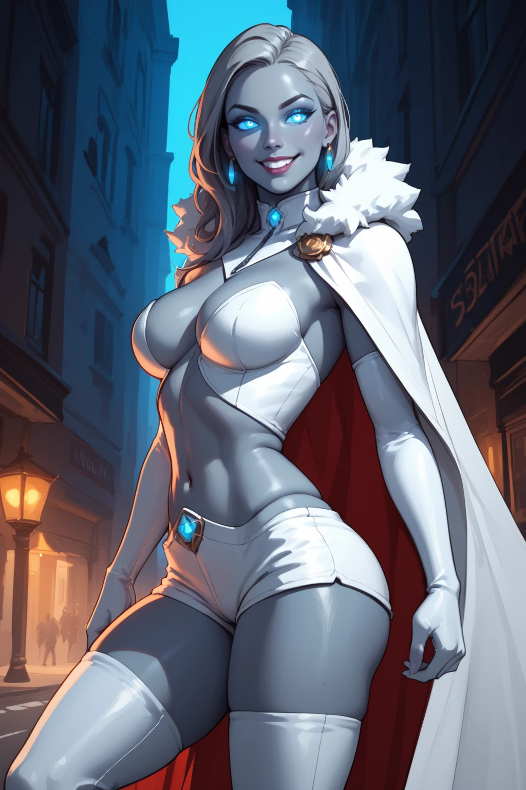 score_9, score_8_up, score_7_up, masterpiece, high quality, BREAK
 <lora:Emma Frost new xmenPonyLoRA:1>mmfrst, long grey hair, earrings, detached collar, cleaverage, top, elbow gloves, shorts, thigh boots, sexy smile, fur trim, white cape, midriff, walking on a street, glowing eyes, fighting pose, checkered skin, grey skin, oily skin, colored skin, blueish glowing skin, white outfit