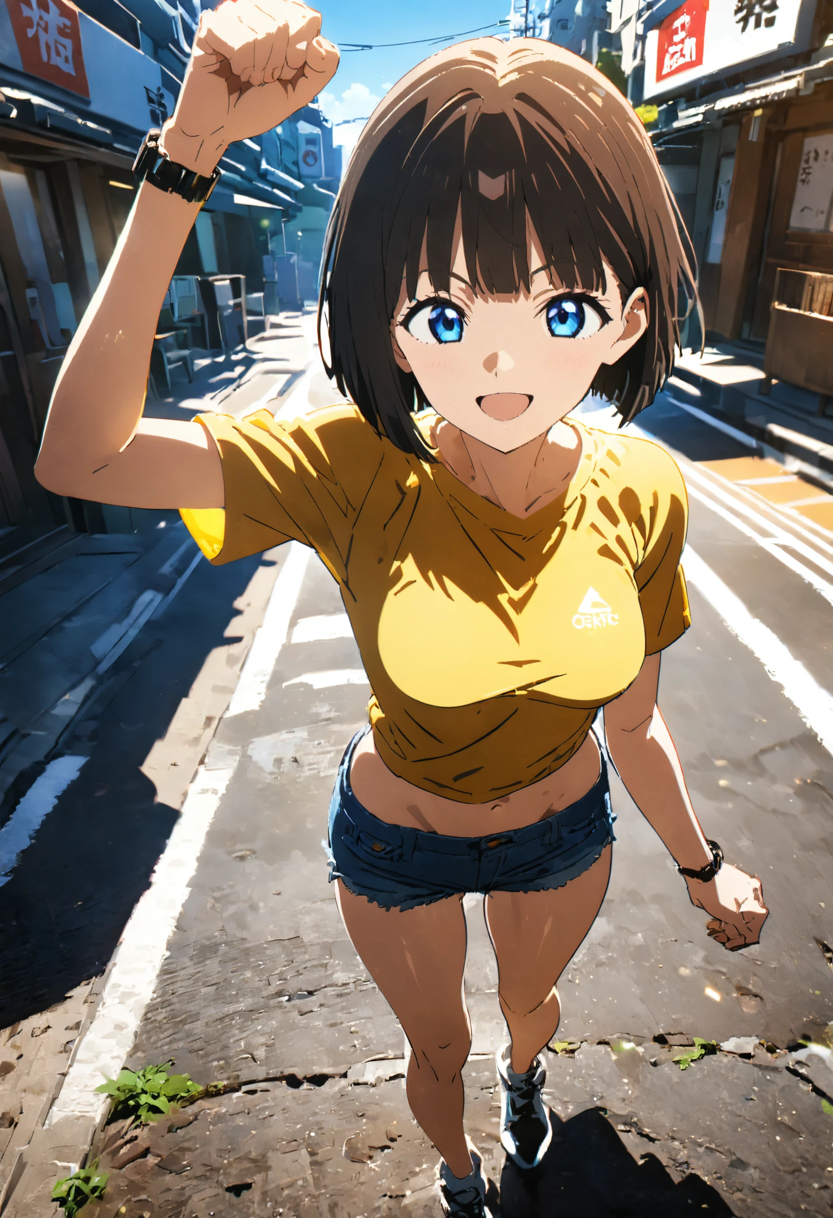 1girl, original, hirukawamaya, full body, (solo:1.1), raised fist, arm up,  standing, athletic, medium breasts, blunt bangs,  bob cut, futuristic black bracelet on right wrist, happy, enthusiastic, smile, open mouth, , yellow t-shirt,  denim shorts, navel, groin, detailed ultra photorealistic suburb, modern short houses, street sign, Tokyo,  blue sky,  afternoon, summer, cinematic angle, ,cinematic lighting, great lighting, perfect hands, detailed body, detailed shadows, anime artwork, anime style, key visual, vibrant, studio anime, highly detailed, newest, recent, anime coloring, masterpiece, best quality, very aesthetic, absurdres <lora:xl_more_art-full_v1:0.8> <lora:hand5:1>  <lora:hirukawamaya-000030:0.8> <lora:great_lighting:4> <lora:hinaMaybeBetterPoseXL_v2_rank32:0.6>