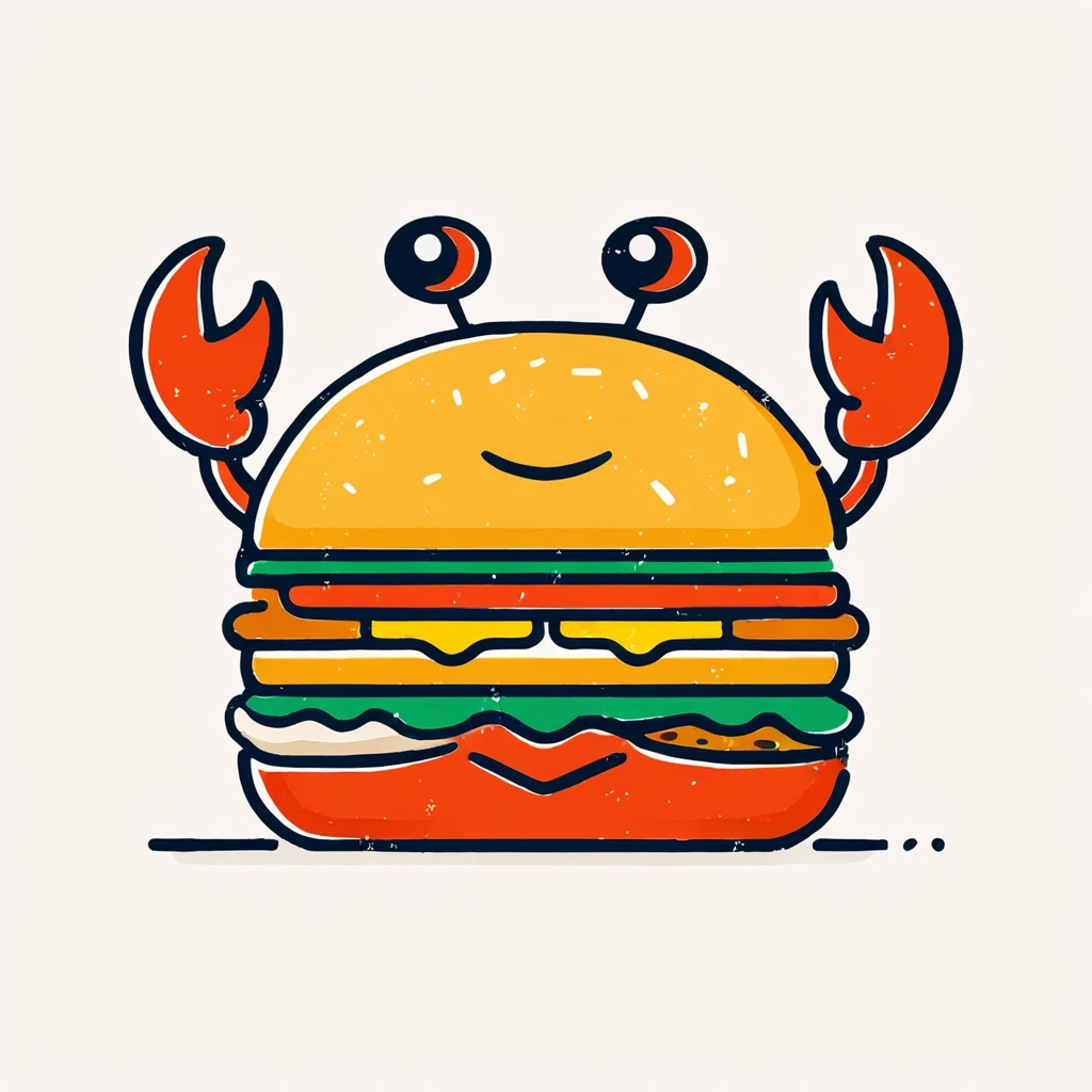abstract style, Brand Identity Design, Crab, burger, white background, Cartoon characters, Minimalist lines,non-representational, colors and shapes, expression of feelings, imaginative, highly detailed,