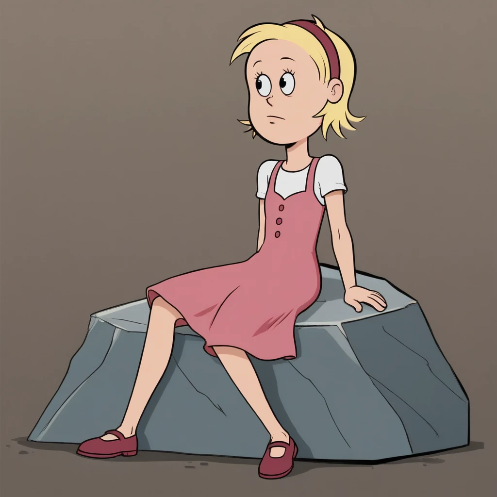 score_8_up, BREAK, SallyWalden,  1girl, solo, blonde hair, black eyes, headband, white shirt, pink dress,  <lora:SallyWalden_Leaf1:0.8>, sitting on rock